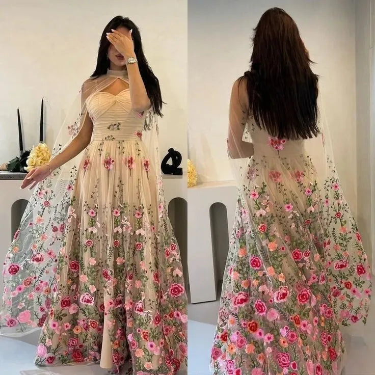 Boho A-Line Pleated Floral Embroidery Tulle Prom Dress With Cape For Sale
