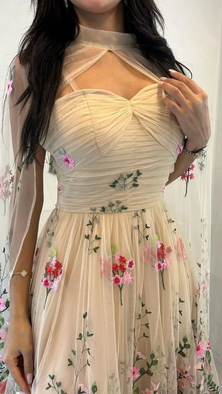 Boho A-Line Pleated Floral Embroidery Tulle Prom Dress With Cape For Sale