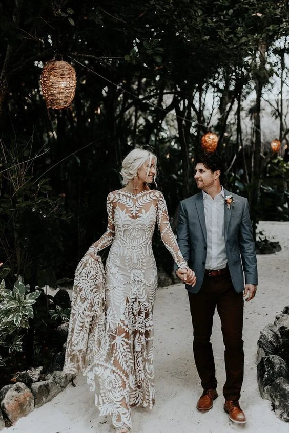 Boho Mermaid Long Sleeves Sheer Lace Long Prom Dress Wedding Dress
