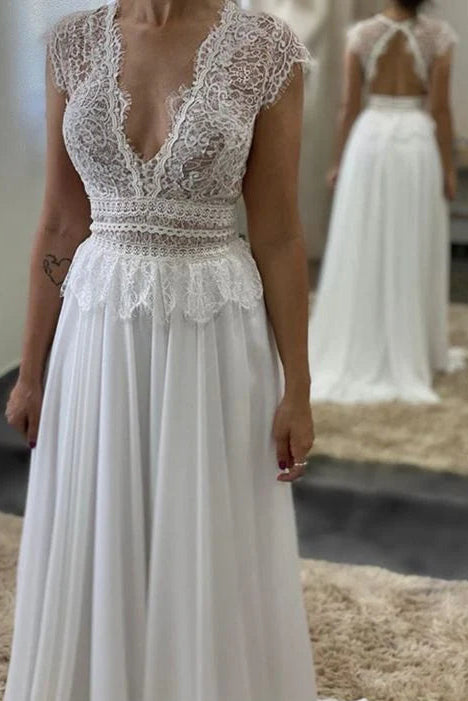 Boho V Neck Open Back Lace Chiffon White Prom Dress Wedding Dress