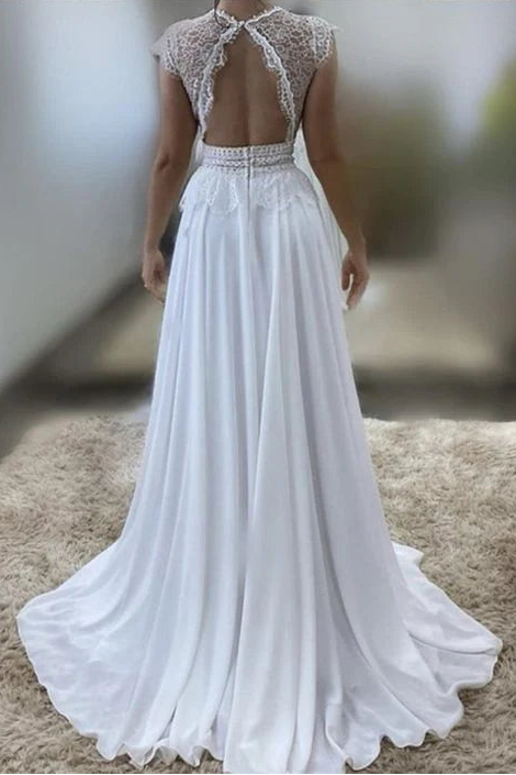 Boho V Neck Open Back Lace Chiffon White Prom Dress Wedding Dress