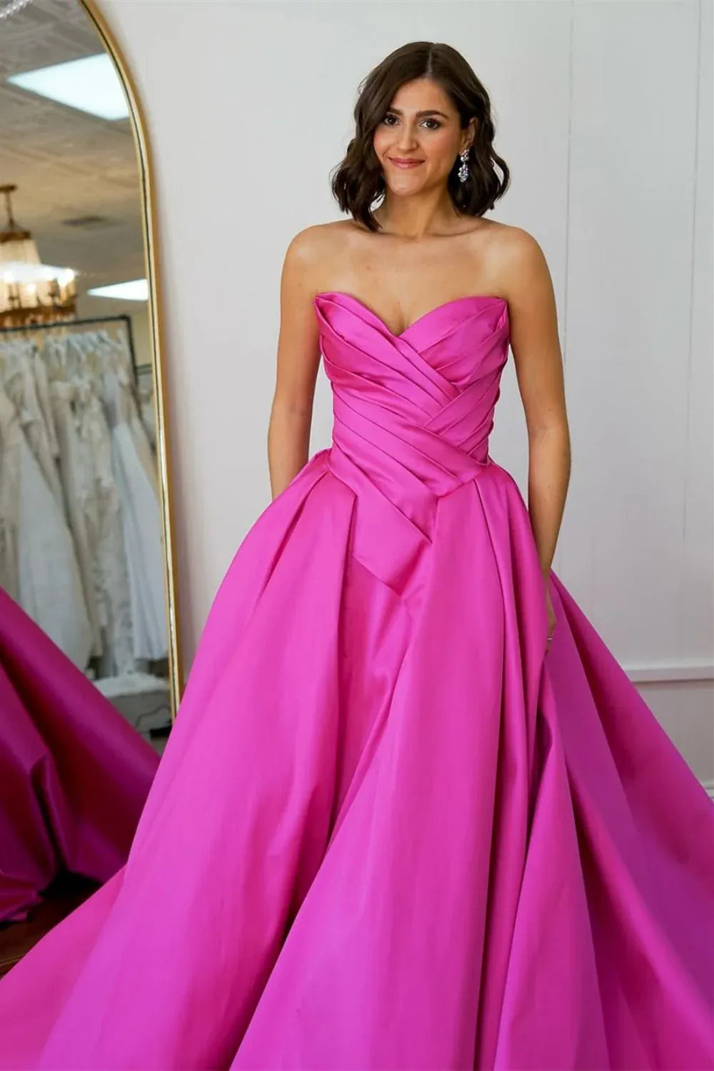 Bold Ballgown Sweetheart Sleeveless Ruched Satin Neon Pink Floor-Length Evening Dress For Women