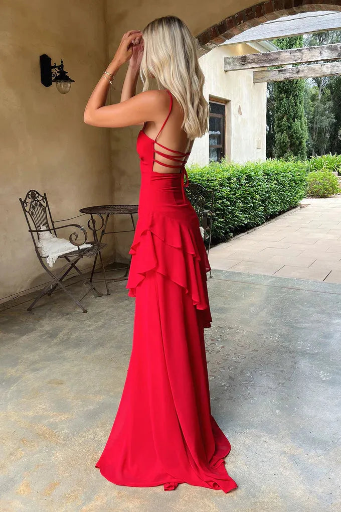 Bold Chiffon Long Evening Dress Red Sweetheart Sleeveless Party Gown for Women