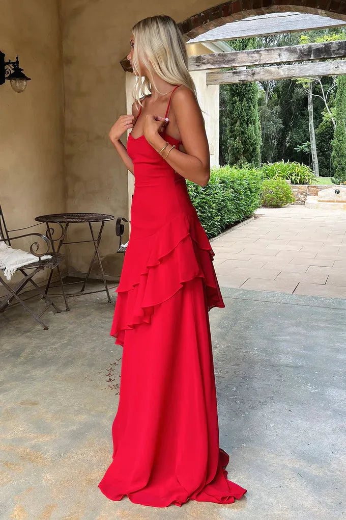 Bold Chiffon Long Evening Dress Red Sweetheart Sleeveless Party Gown for Women