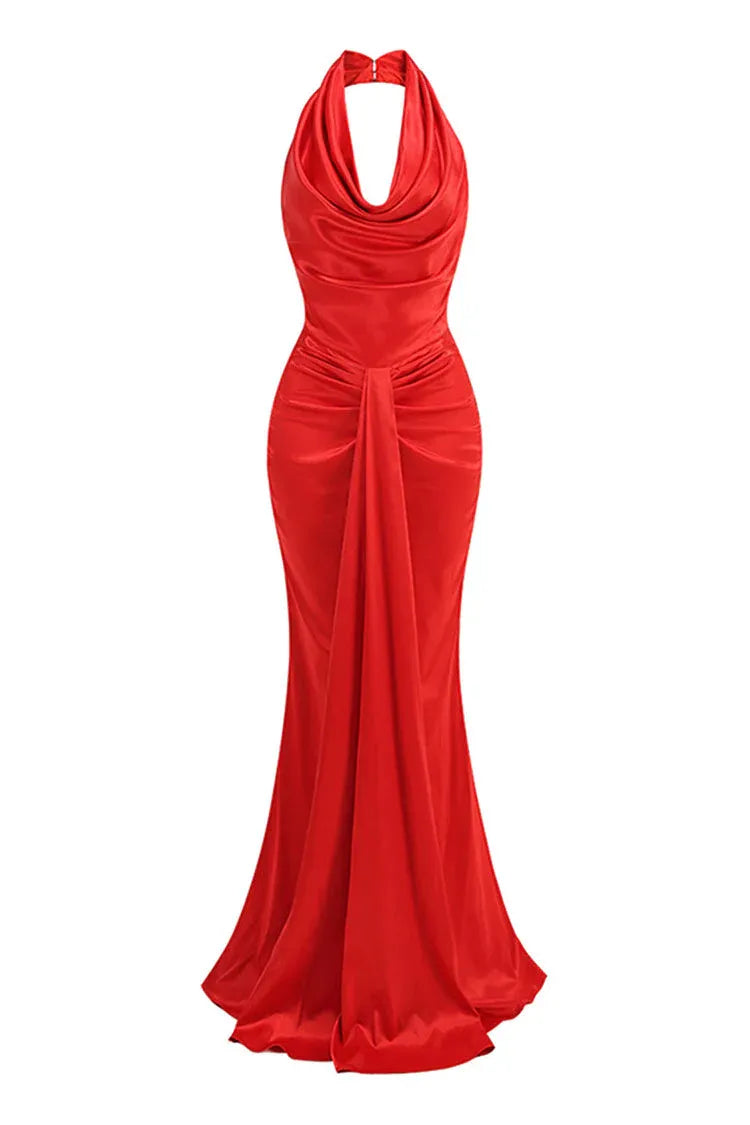 Bold Mermaid Halter-Neck Sleeveless Ruched Satin Red Floor-Length Evening Dress for Women