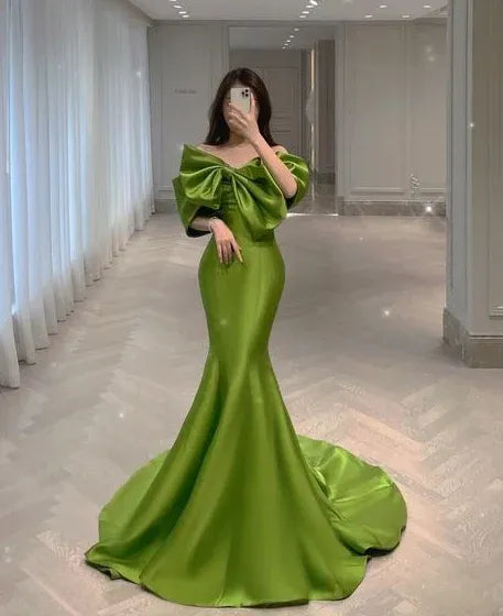 Bold Mermaid Off-the-shoulder Short-sleeve Draped Lime Green Floor-length Prom Dress for Women Hot Sale