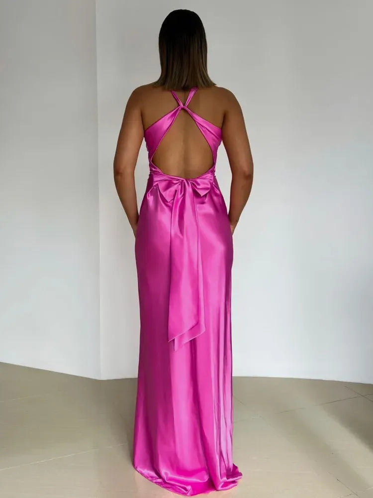 Bold Mermaid V-Neck Knot Backless Satin Hot Pink Floor-Length Prom Dress