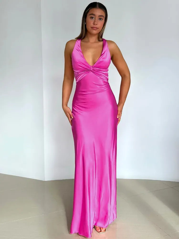 Bold Mermaid V-Neck Knot Backless Satin Hot Pink Floor-Length Prom Dress