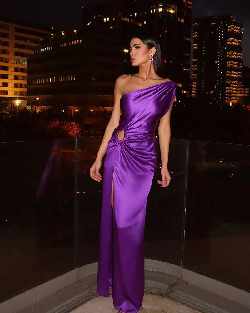 Bold Satin Long Evening Dress Purple One-Shoulder Sleeveless Party Gown for Women