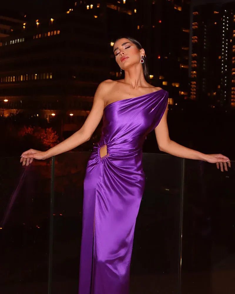 Bold Satin Long Evening Dress Purple One-Shoulder Sleeveless Party Gown for Women