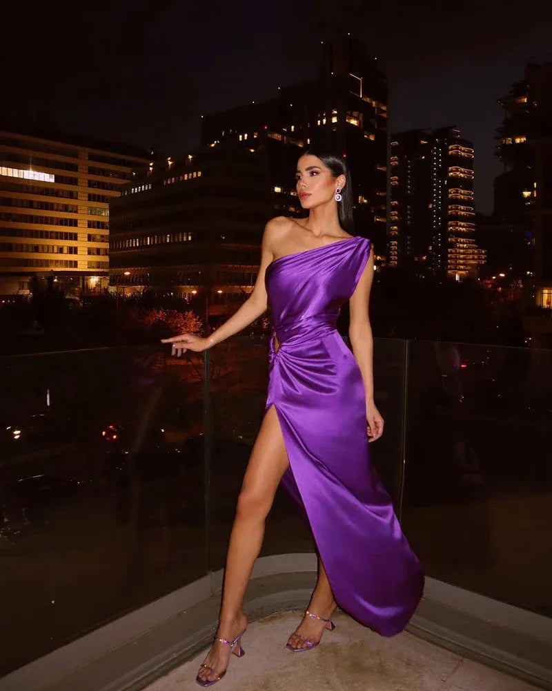 Bold Satin Long Evening Dress Purple One-Shoulder Sleeveless Party Gown for Women