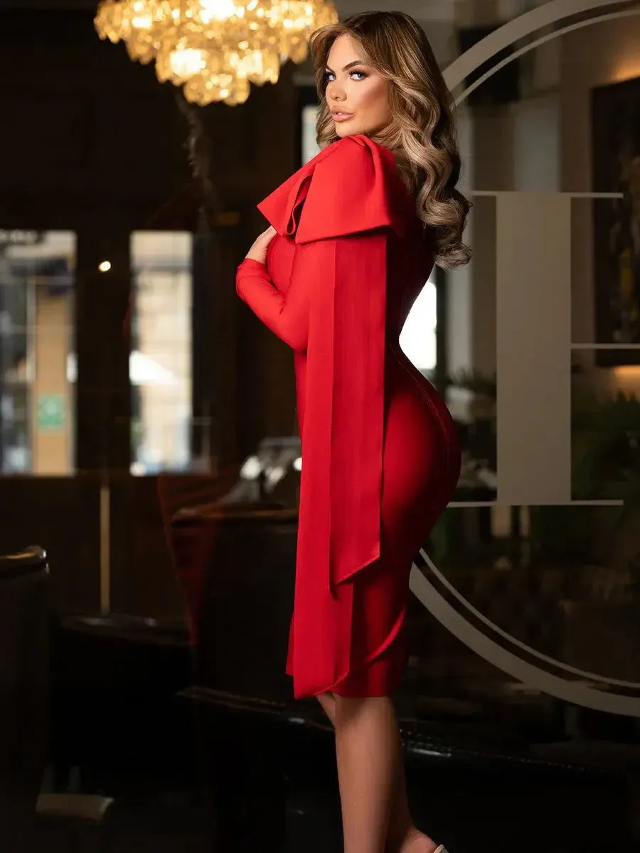 Bold Sheath One-Shoulder Long-Sleeve Bow-Accent Red Midi Prom Dress for Women For Sale