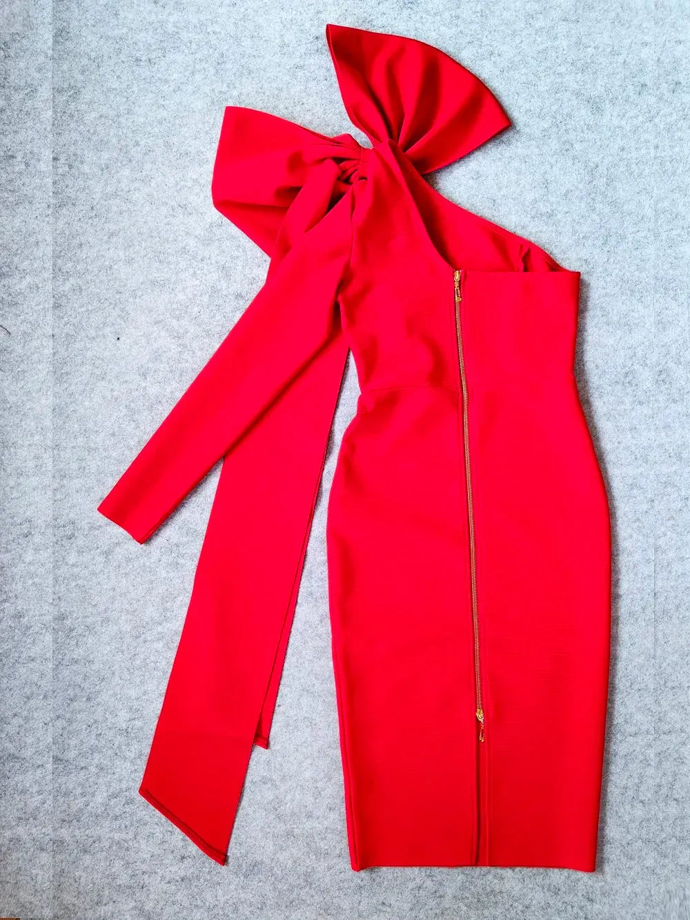 Bold Sheath One-Shoulder Long-Sleeve Bow-Accent Red Midi Prom Dress for Women For Sale