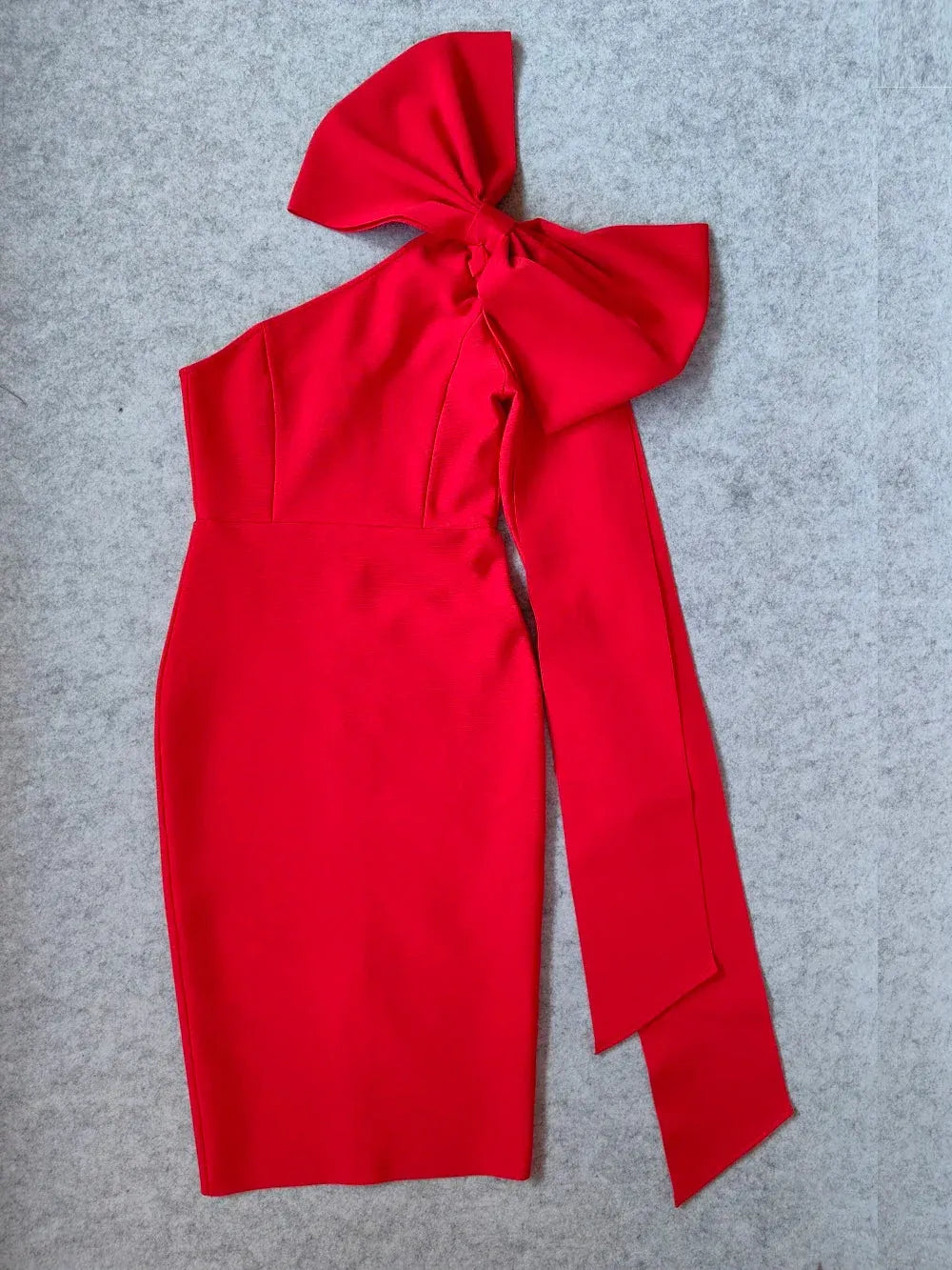 Bold Sheath One-Shoulder Long-Sleeve Bow-Accent Red Midi Prom Dress for Women For Sale