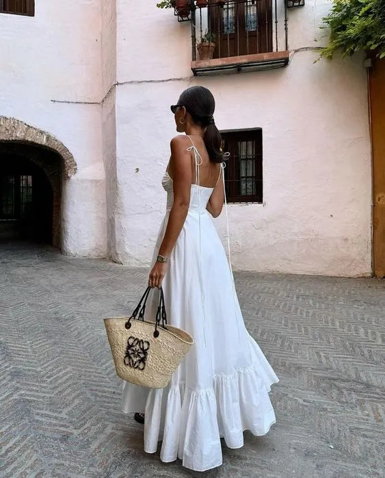 Breezy Cotton Long Evening Dress White Strapless Ruffled for Women