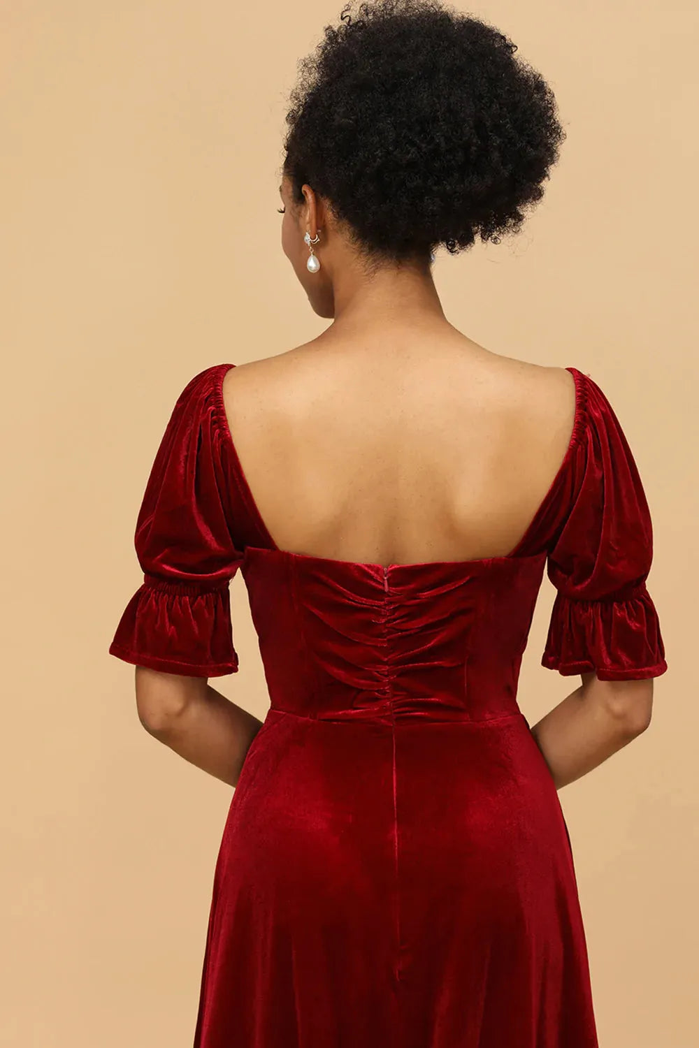 Xuewuba Formal Wear Dresses Red Velvet Half Sleeves Bridesmaid Dress With Slit Prom Dresses Stores