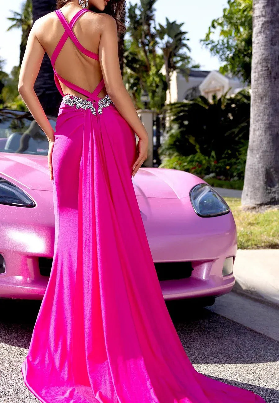 Budget Mermaid Sweetheart Beaded Open Back Hot Pink Evening Dress With Train