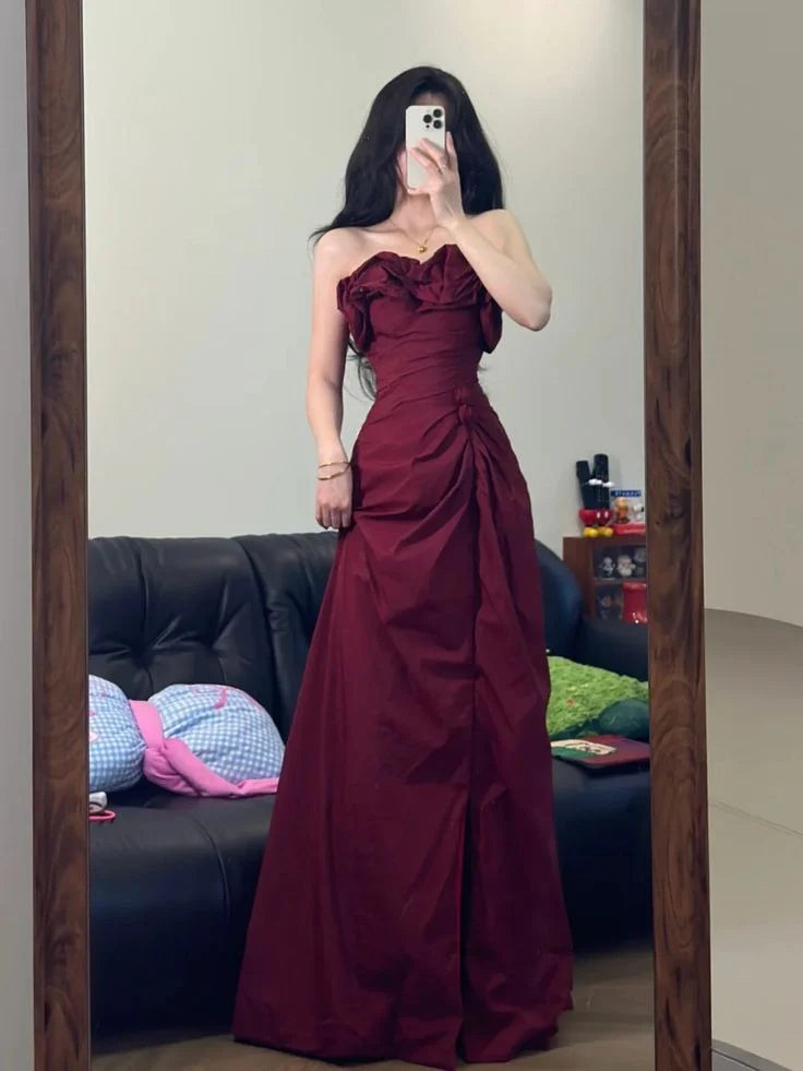 Budget Pretty Strapless Pleated Burgundy Long Prom Dress For Women