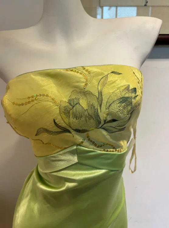 Budget Sheath Strapless Sequins Satin Green Long Prom Dresses Evening Dresses