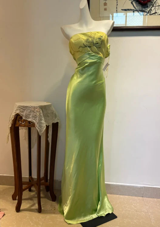 Budget Sheath Strapless Sequins Satin Green Long Prom Dresses Evening Dresses