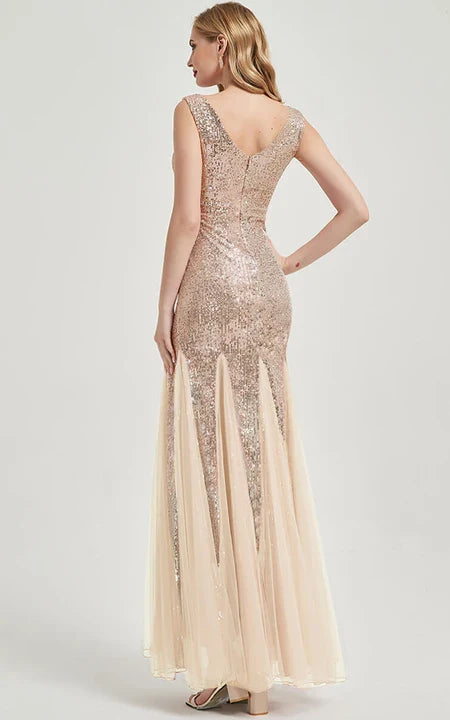 Burgundy Sequin Sheath Pleated Sleeveless Party Floor-length Round V Neck Prom Dress/Dress For Formal
