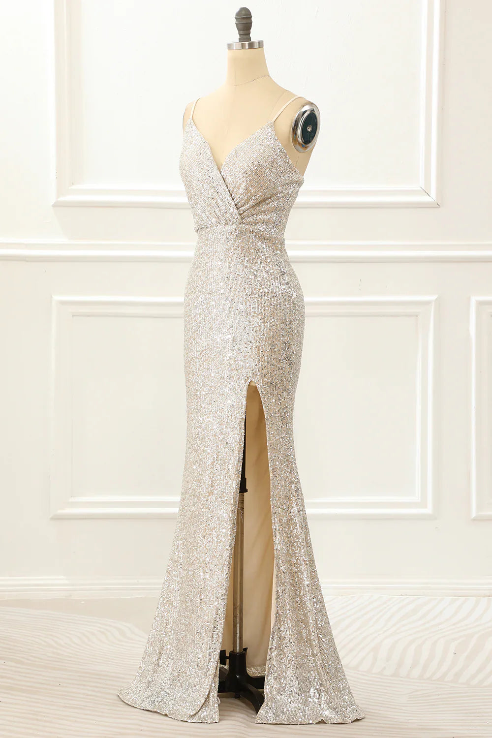 Mermaid Sequin Champagne Prom Dress With Slit