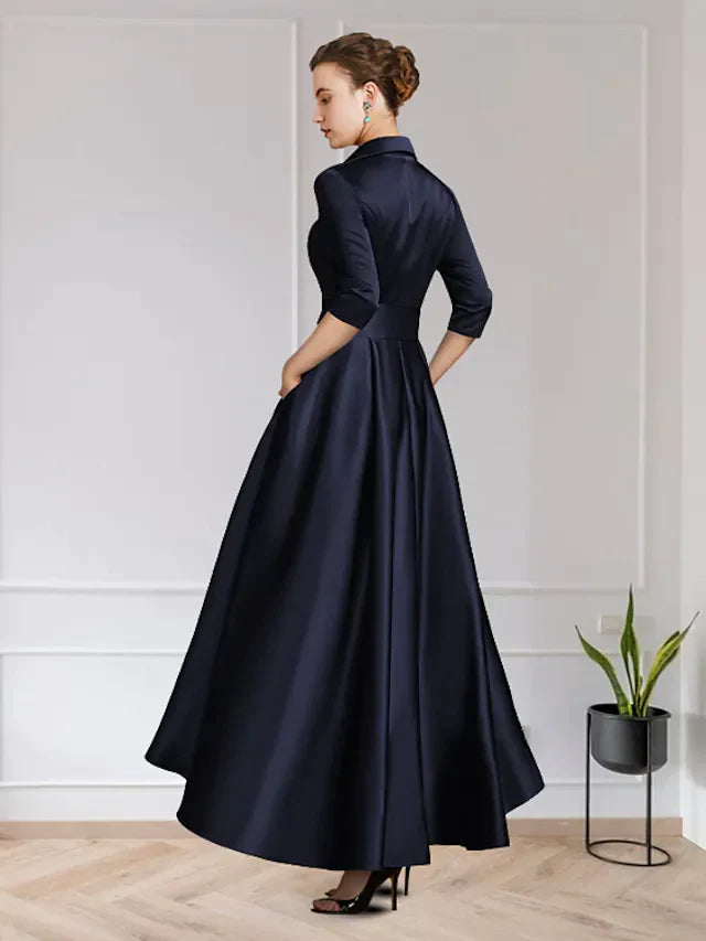 A-Line Mother of the Bride Dress Elegant Jewel Neck Asymmetrical Chiffon Lace Short Sleeve with Pleats Appliques