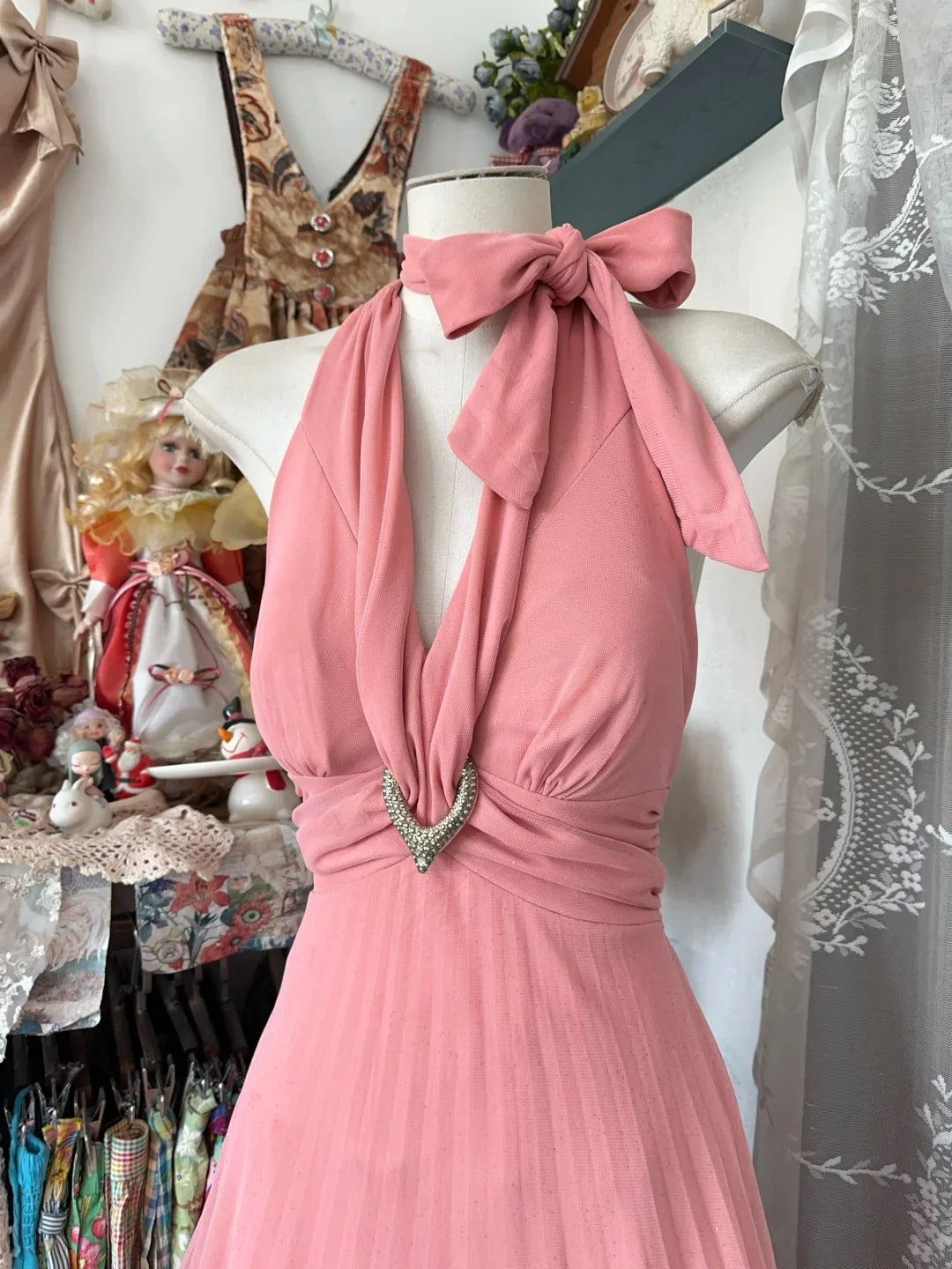 Casual A-line Halter Sleeveless Pink Long Evening Dress Prom Dress