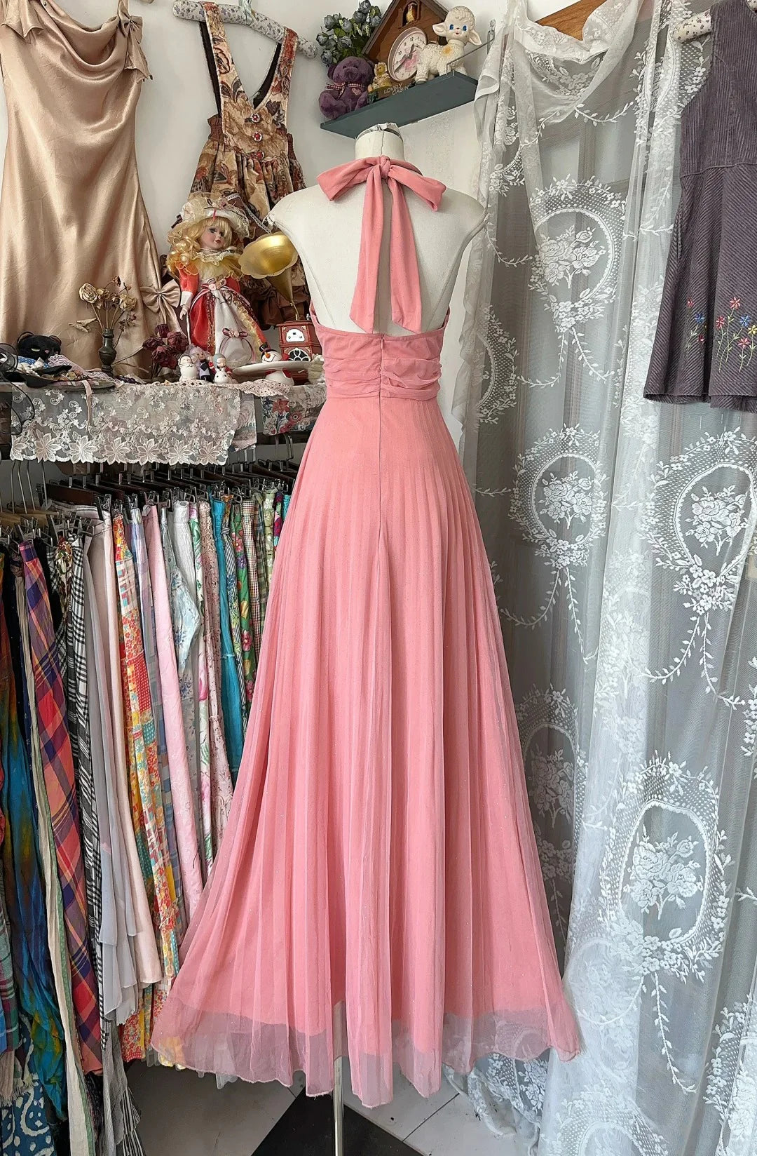 Casual A-line Halter Sleeveless Pink Long Evening Dress Prom Dress