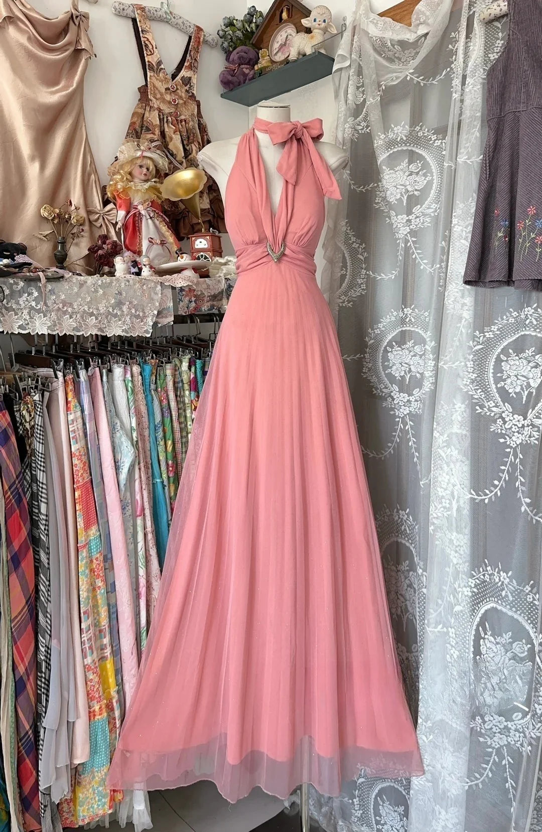 Casual A-line Halter Sleeveless Pink Long Evening Dress Prom Dress