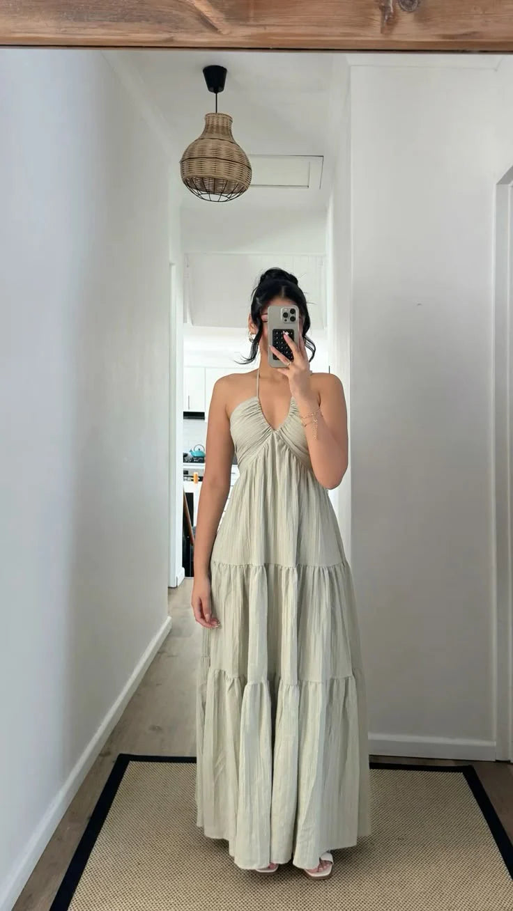 Casual A-line Spaghetti Straps Pleated Long Prom Dress Party Dress
