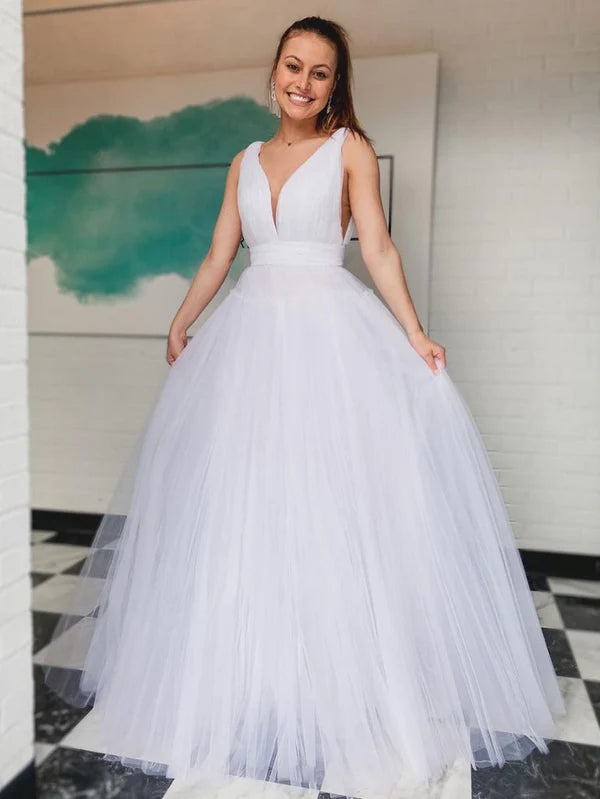 Casual A-line V-Neck Open Back Tulle White Long Prom Dress