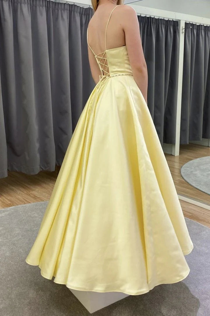 Casual A-line V-Neck Satin Yellow Long Prom Dress Evening Dress For Women