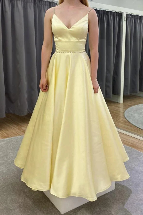 Casual A-line V-Neck Satin Yellow Long Prom Dress Evening Dress For Women