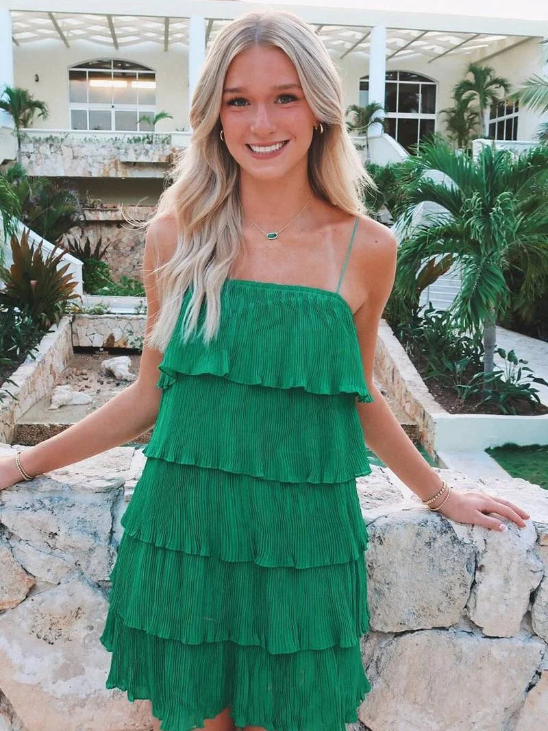 Casual A Line Spaghetti Straps Ruffles Tiered Green Short Homecoming Dress