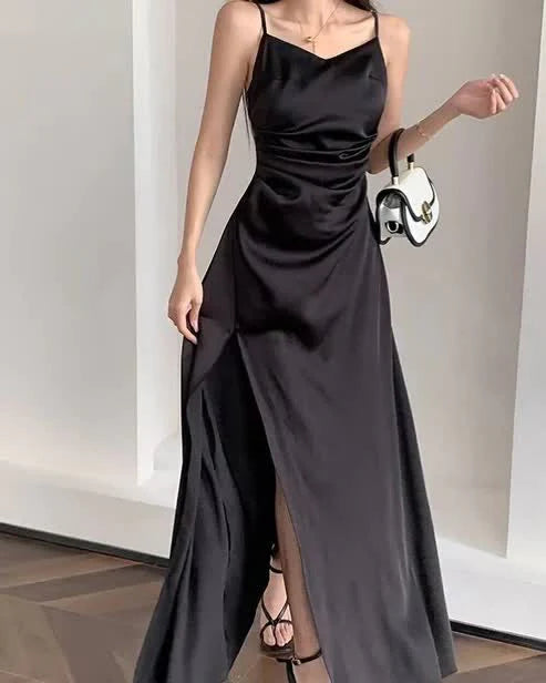 Casual A Line Spaghetti Straps Satin Black Long Prom Dress With Side Slit