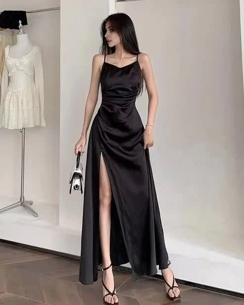 Casual A Line Spaghetti Straps Satin Black Long Prom Dress With Side Slit
