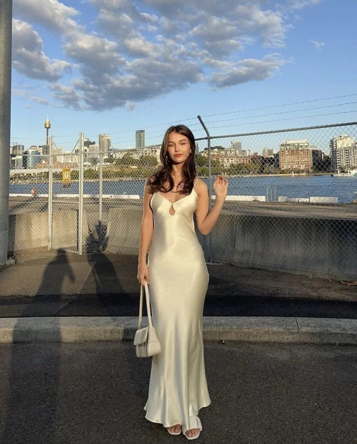 Casual Mermaid Spaghetti Strap Hollow Ivory Long Prom Dress Evening Dress
