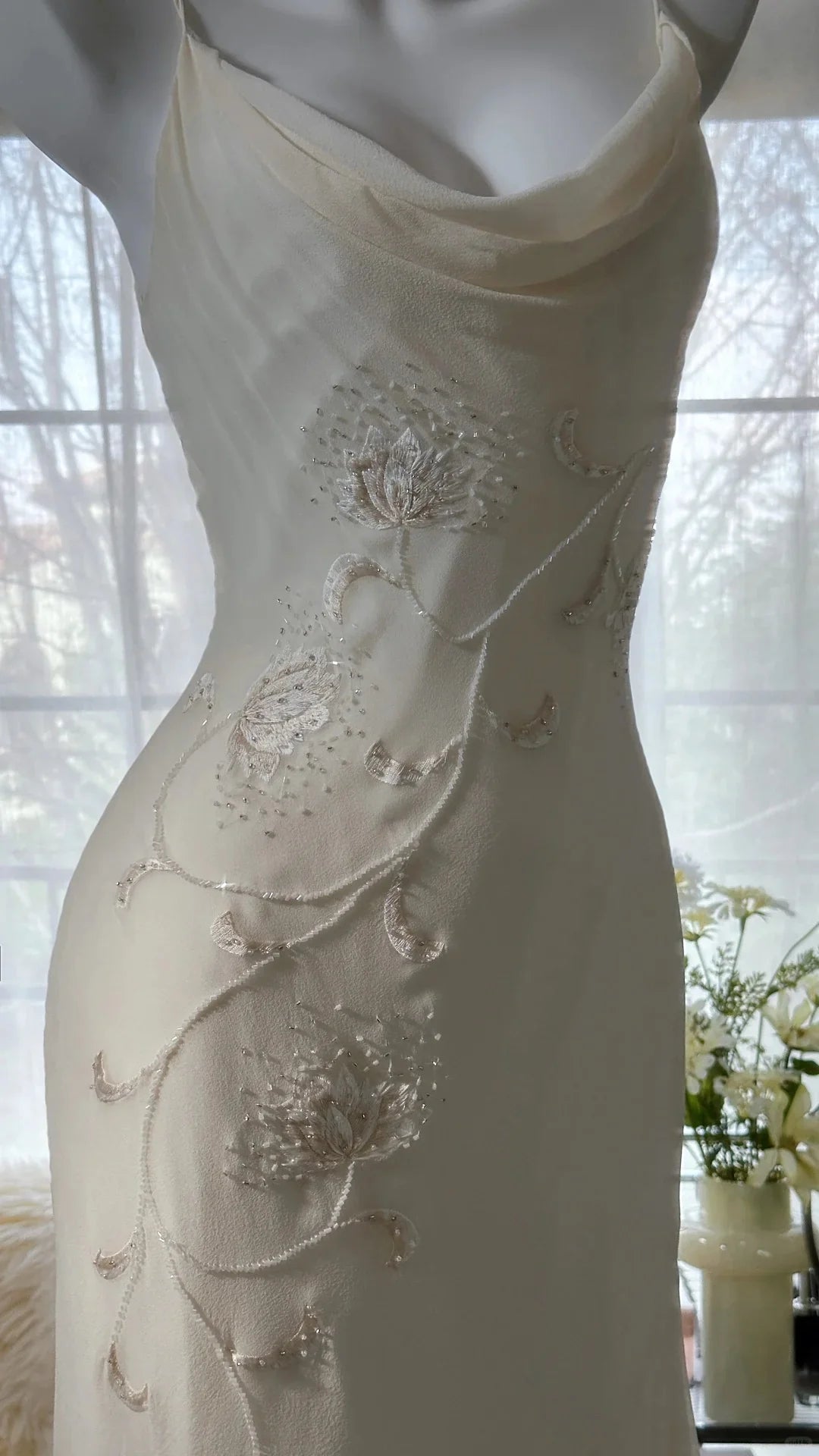 Casual Sheath Cowl Neck Beaded Embroidery Ivory Evening Dress Prom Dress