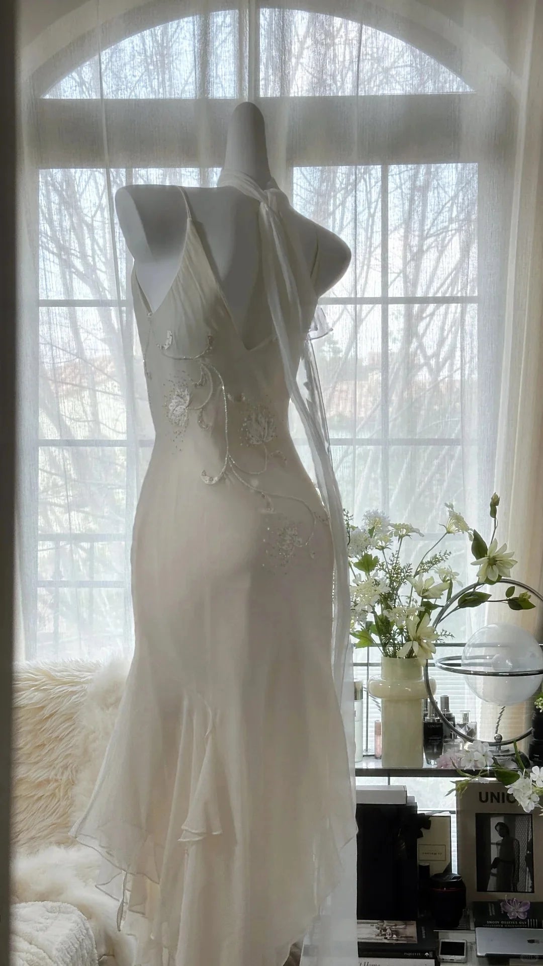 Casual Sheath Cowl Neck Beaded Embroidery Ivory Evening Dress Prom Dress