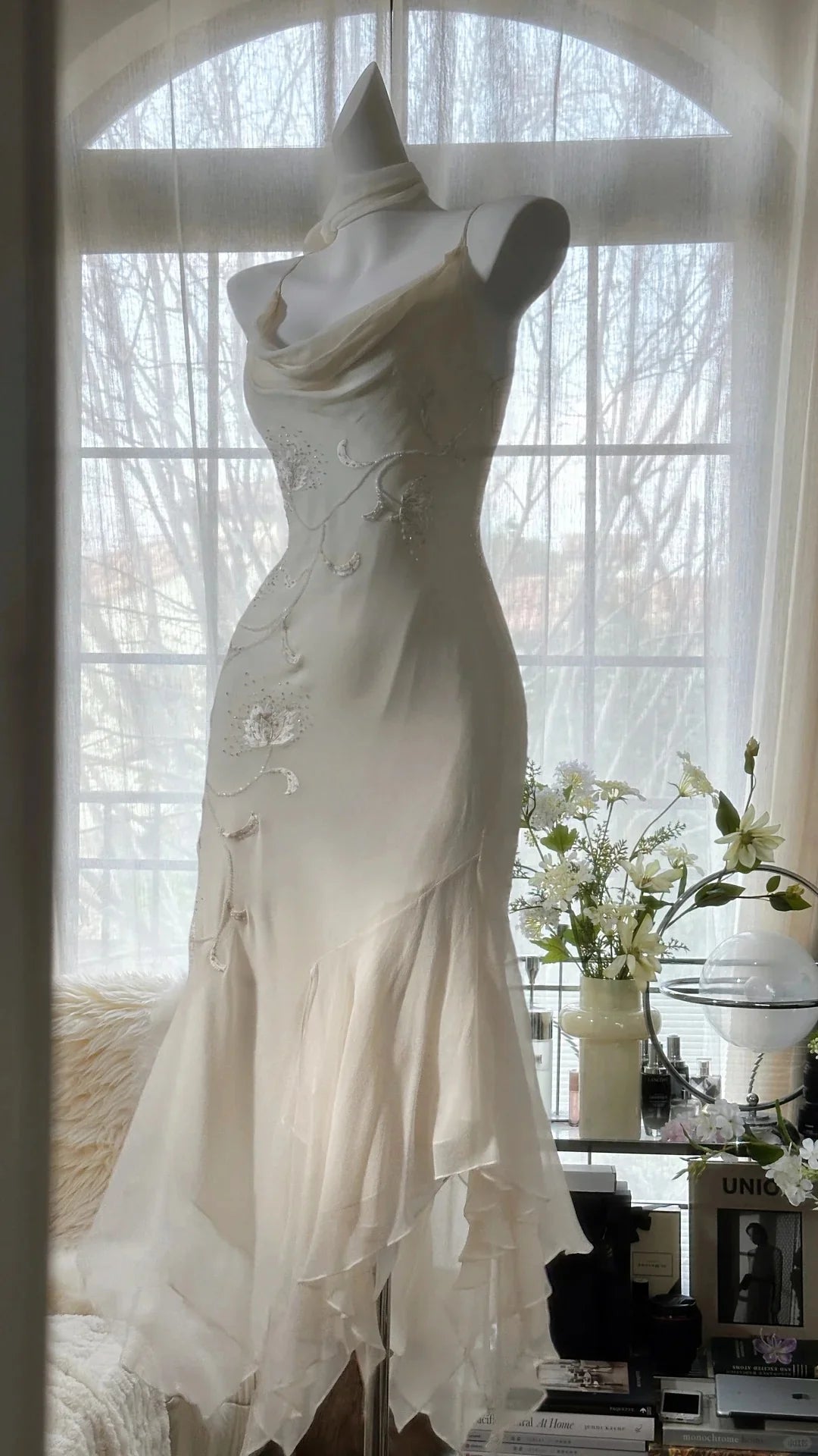 Casual Sheath Cowl Neck Beaded Embroidery Ivory Evening Dress Prom Dress