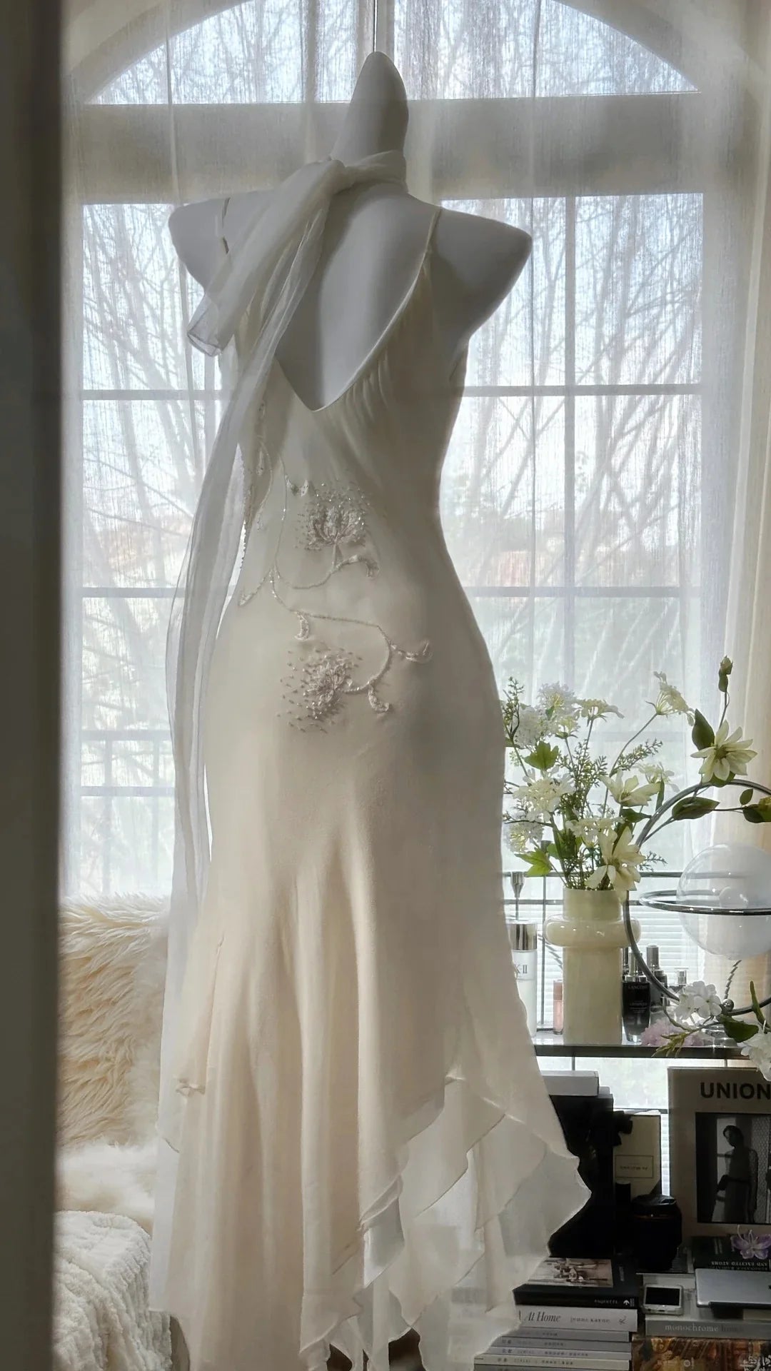 Casual Sheath Cowl Neck Beaded Embroidery Ivory Evening Dress Prom Dress