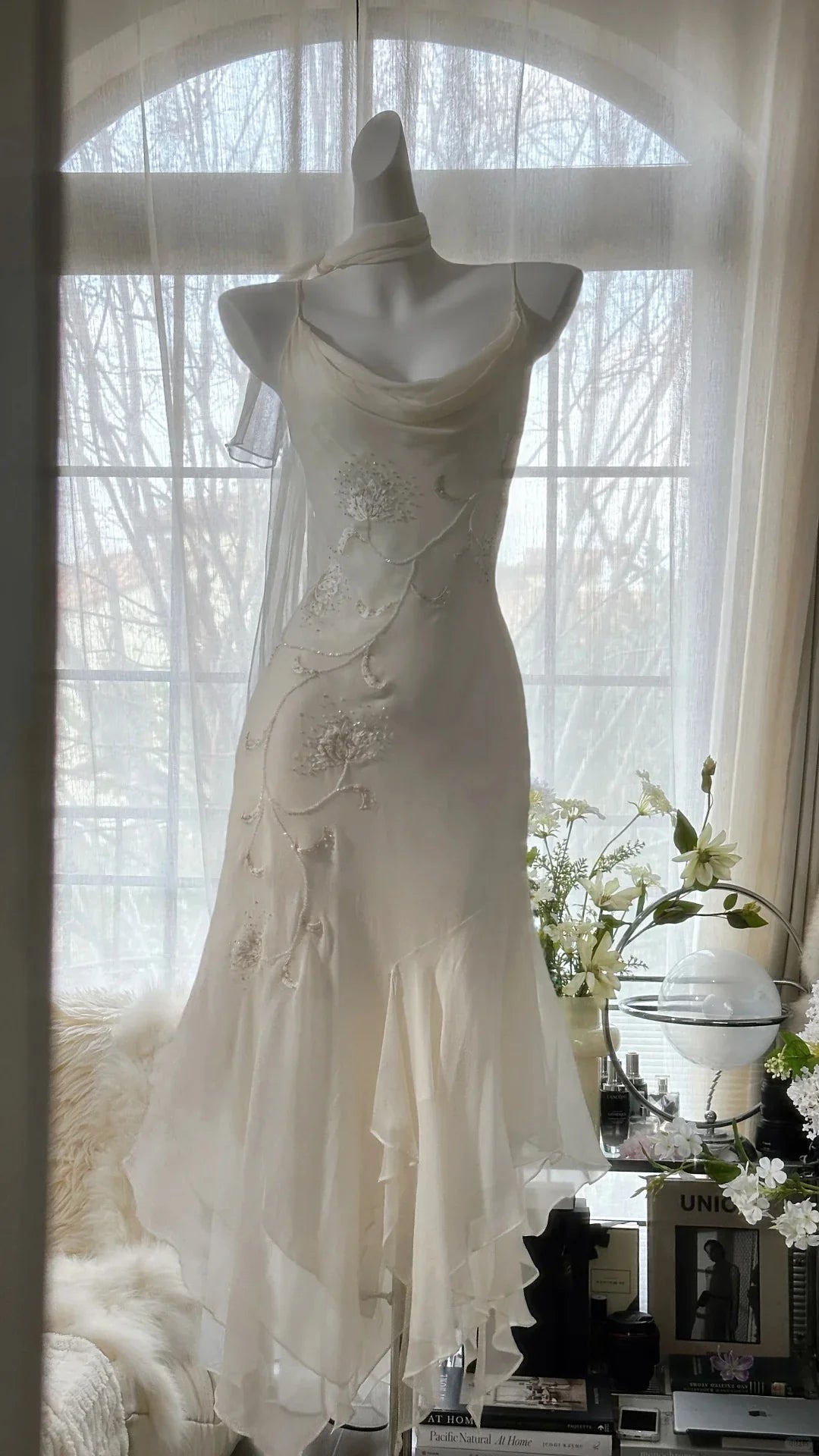 Casual Sheath Cowl Neck Beaded Embroidery Ivory Evening Dress Prom Dress