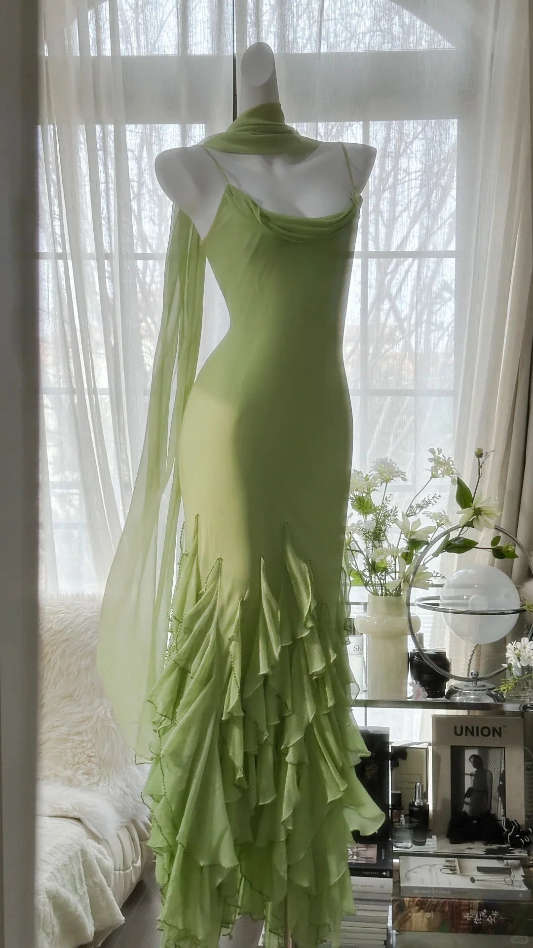 Casual Sheath Cowl Neck Sleeveless Green Prom Dress With Ruffle Hem