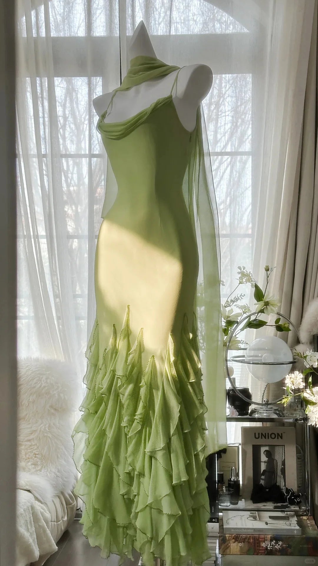 Casual Sheath Cowl Neck Sleeveless Green Prom Dress With Ruffle Hem
