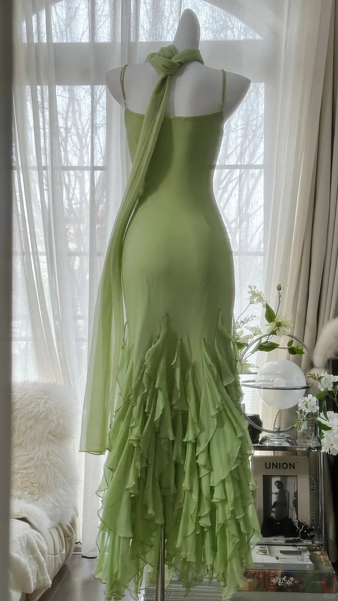 Casual Sheath Cowl Neck Sleeveless Green Prom Dress With Ruffle Hem