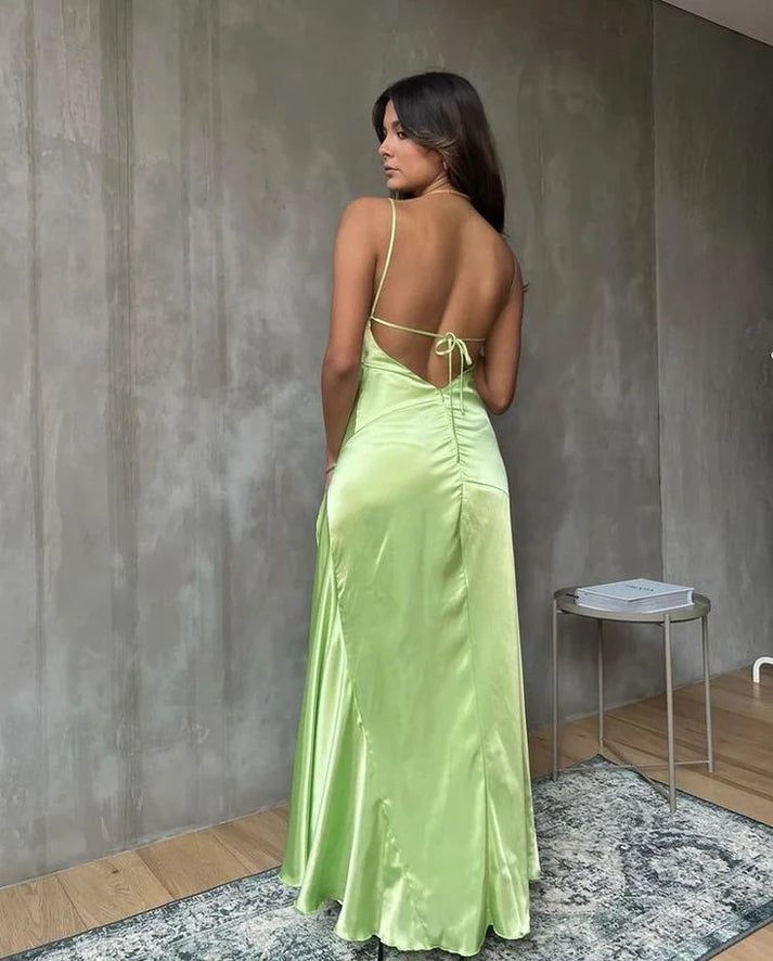Casual Spaghetti Strap Satin Green Long Party Dress With High Slit