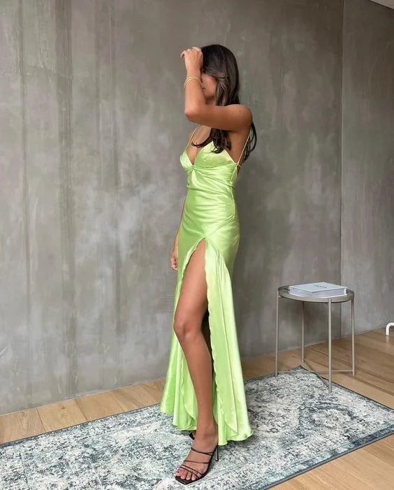 Casual Spaghetti Strap Satin Green Long Party Dress With High Slit