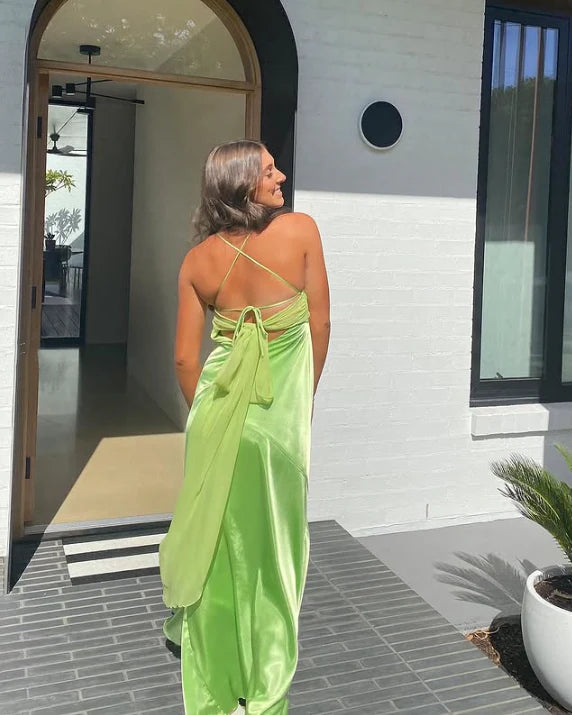 Casual Spaghetti Strap Tie Satin Green Long Party Dress With Slit