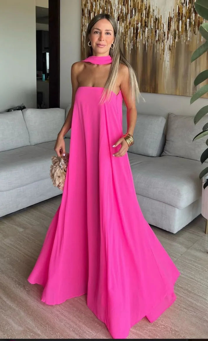 Casual Strapless Chiffon Hot Pink Long Party Dress Maternity Dress With Scarf